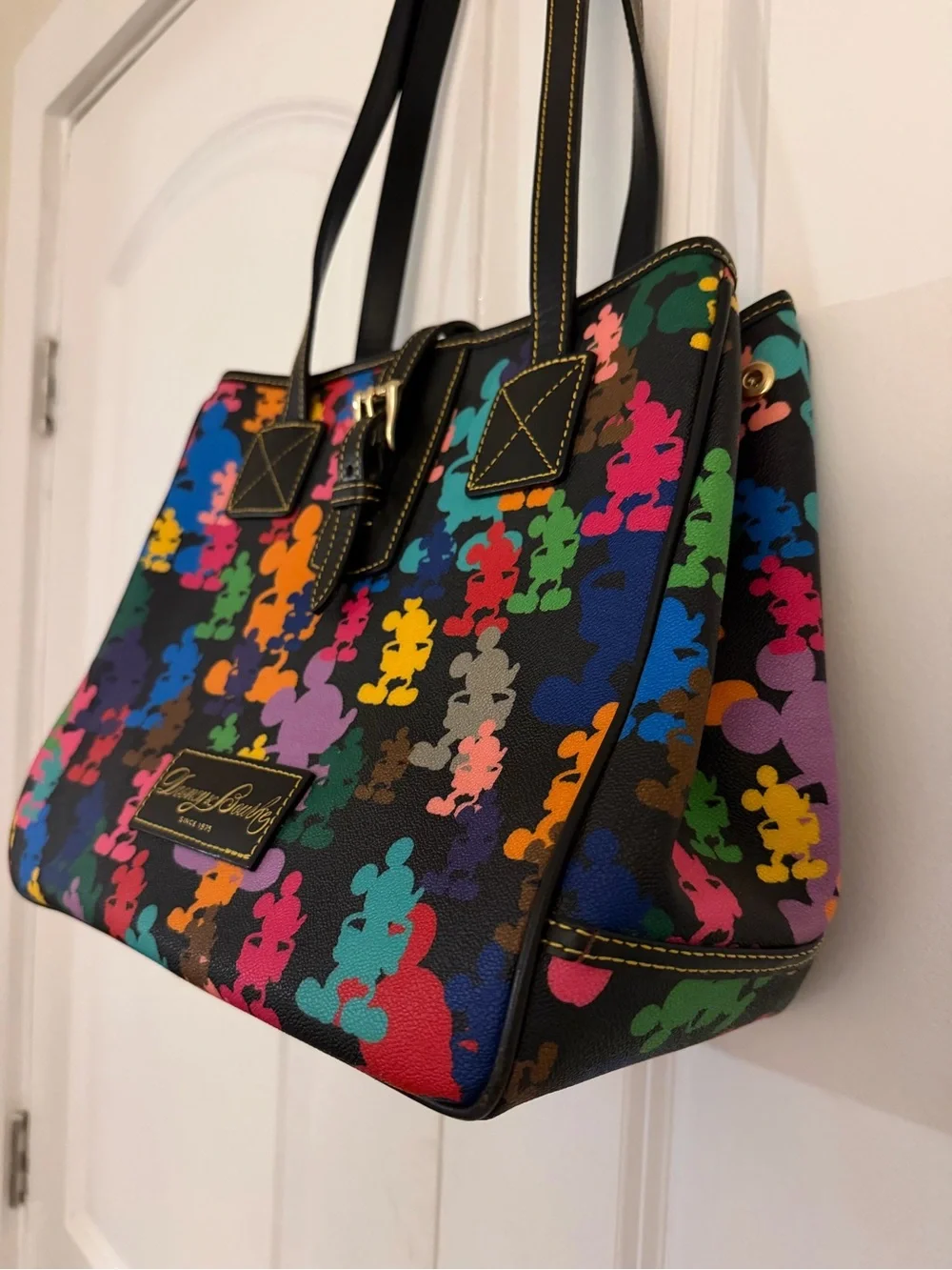 Disney Dooney & Bourke Black Multicolor Mickey Print Tote Purse Black Leather